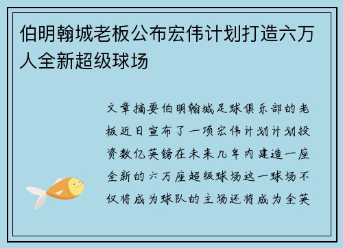 伯明翰城老板公布宏伟计划打造六万人全新超级球场